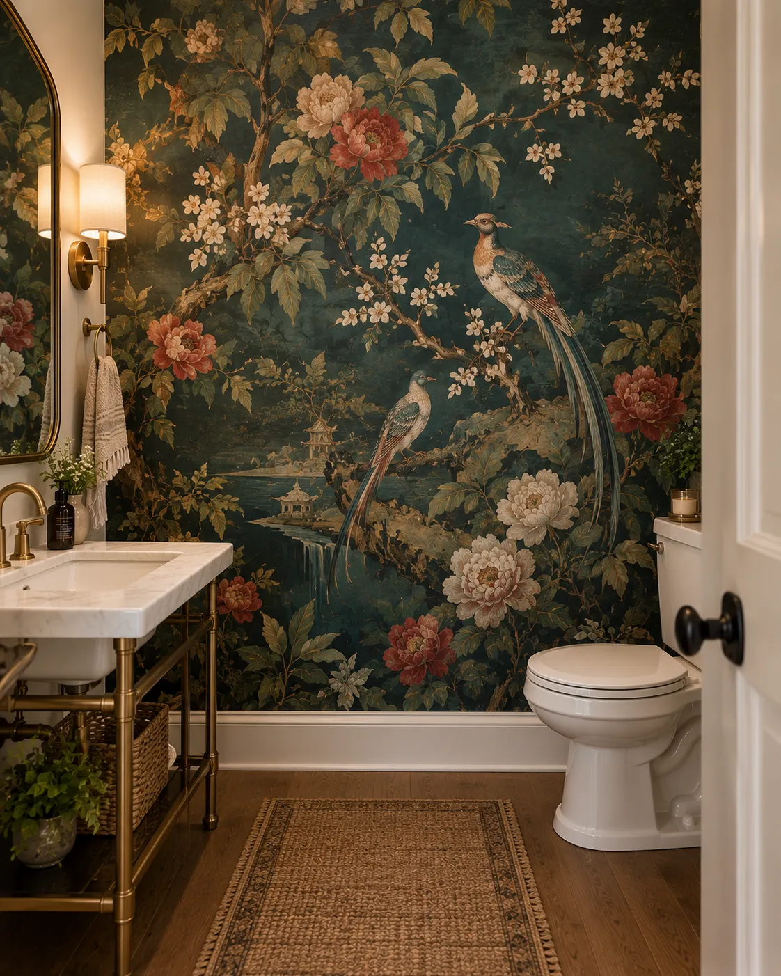 A powder room wall covered floor-to-ceiling in a dramatic mural-style wallpaper with oversized birds and blooms in jewel tones.