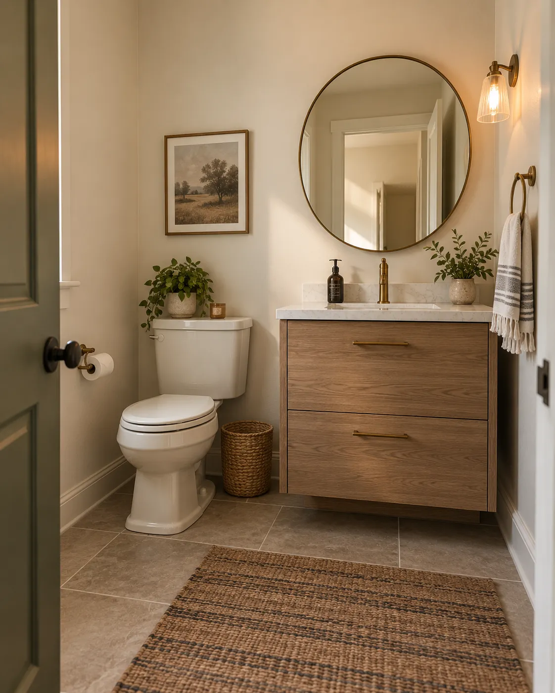 A half bathroom with soft warm-white walls, a simple wood-look vanity, and a plain round mirror.