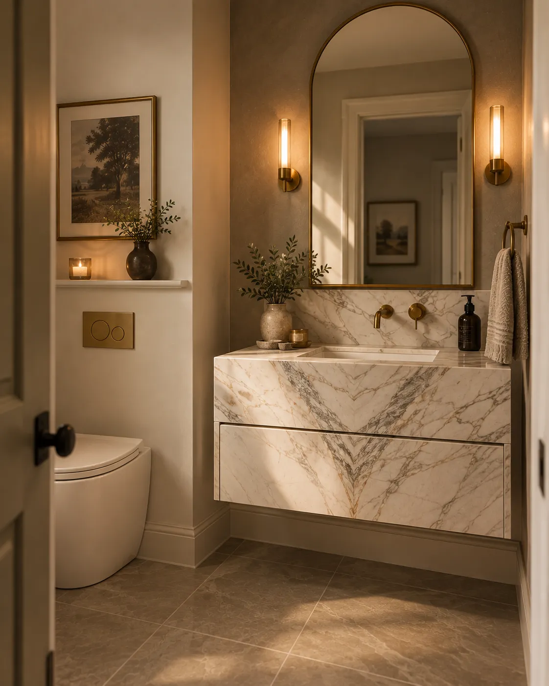 A modern powder room with a book-matched marble vanity top, brushed brass fixtures, and a large arched mirror.