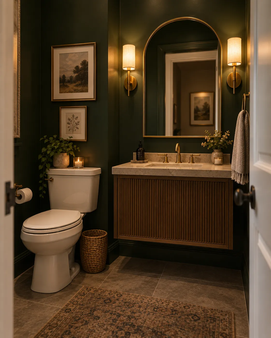 A moody powder room with deep bottle-green walls, brass sconces flanking an arched mirror, and warm lighting.