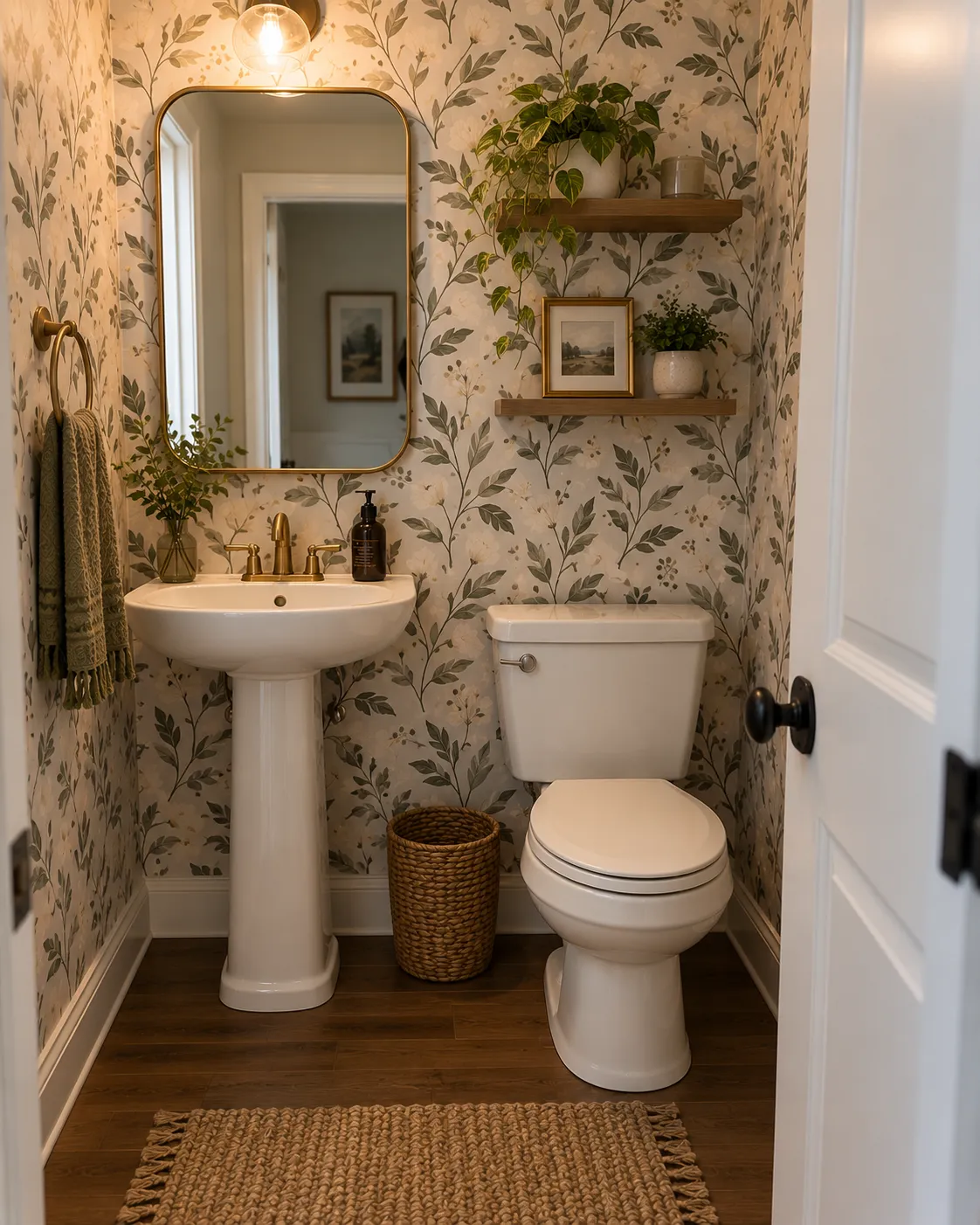 A casual apartment powder room with a light botanical peel-and-stick wallpaper and simple, rental-friendly fixtures.