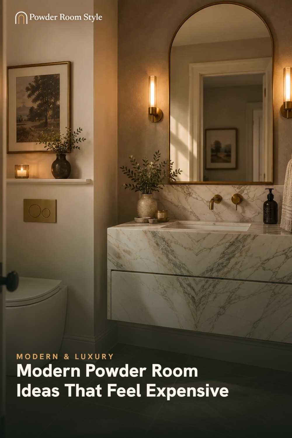 Pin graphic for Modern Powder Room Ideas That Feel Expensive