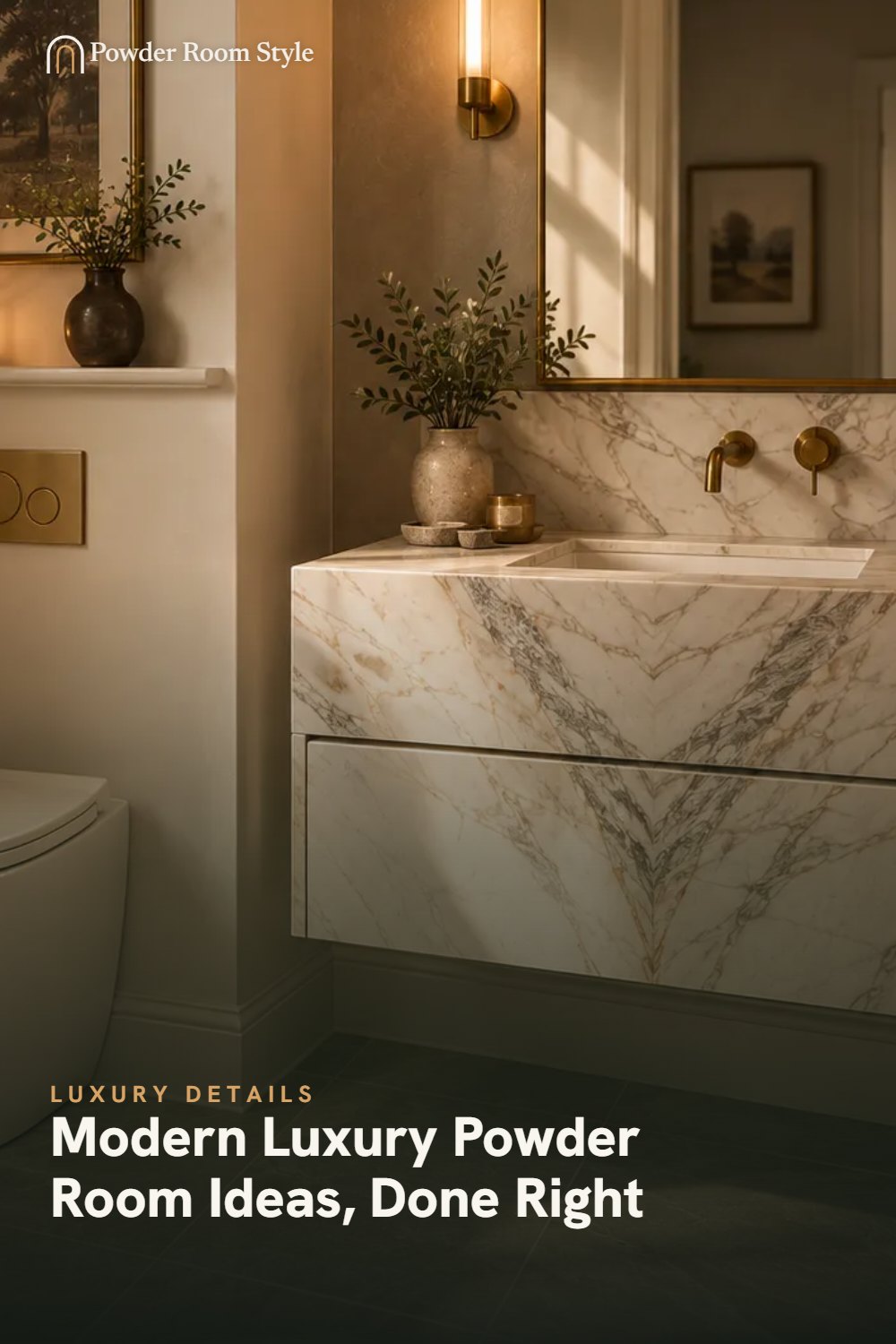 Pin graphic for Modern Luxury Powder Room Ideas, Done Right