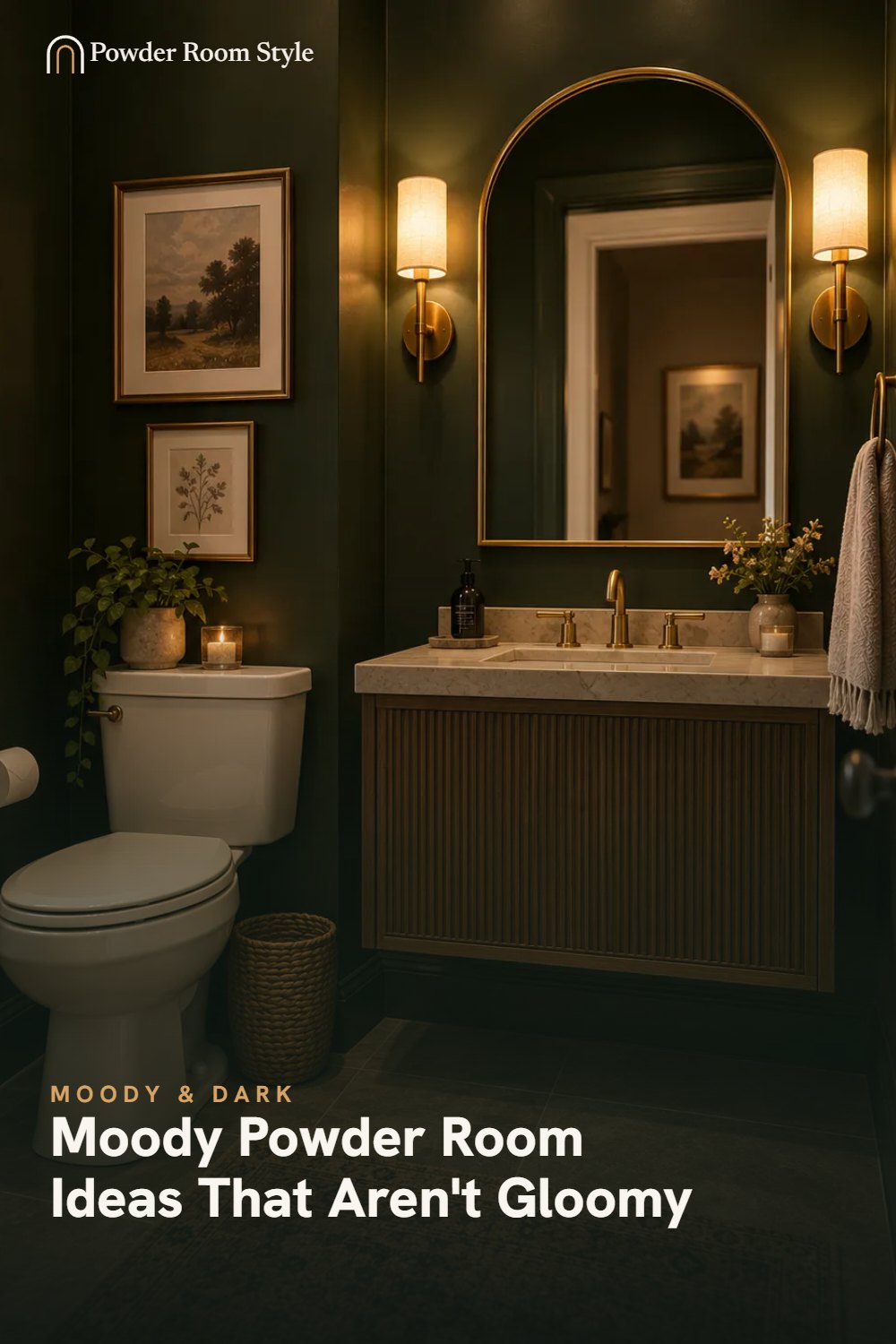 Pin graphic for Moody Powder Room Ideas That Aren't Gloomy