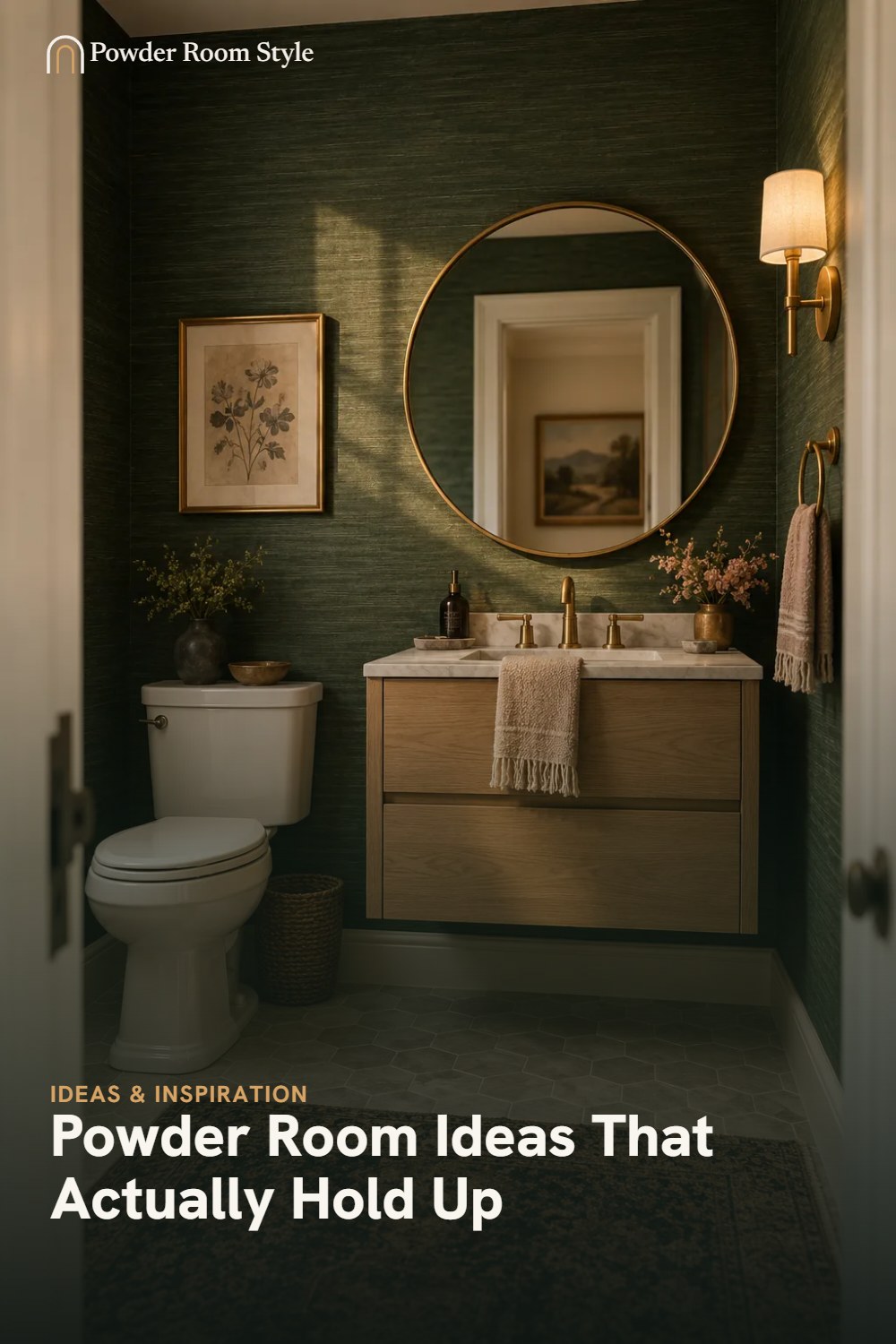 Pin graphic for Powder Room Ideas, a dark green powder room with a round brass mirror and light oak vanity