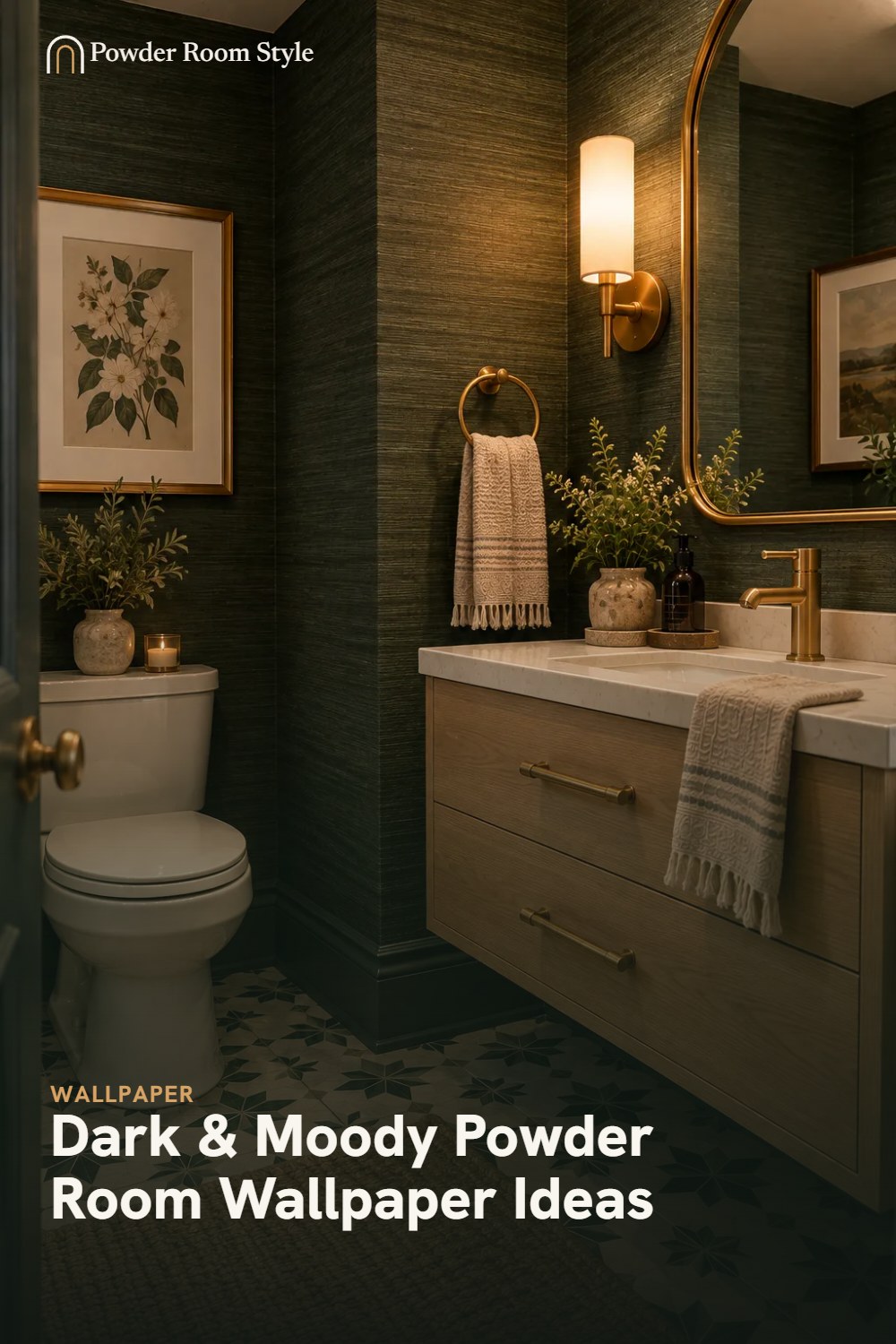Pin graphic for dark and moody powder room wallpaper ideas, a bottle-green grasscloth powder room