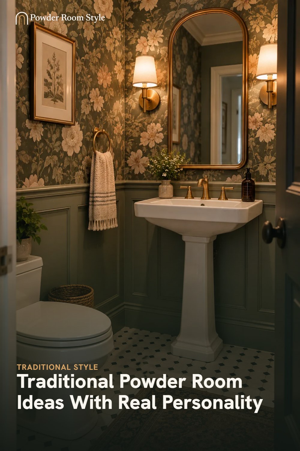 Pin graphic for traditional powder room ideas, a wainscoted powder room with a pedestal sink and floral wallpaper