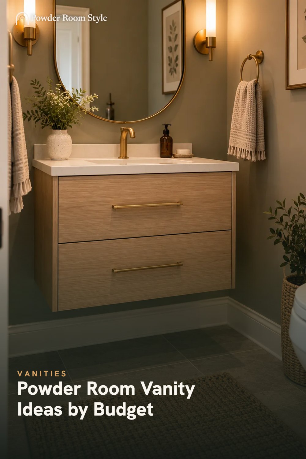 Pin graphic for Powder Room Vanity Ideas by Budget