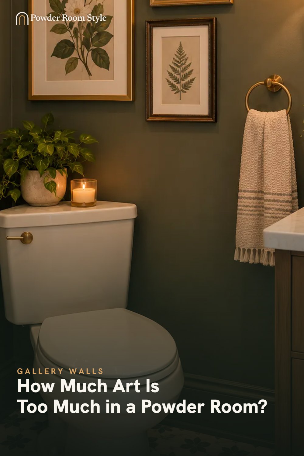 Pin graphic for How Much Art Is Too Much in a Powder Room?