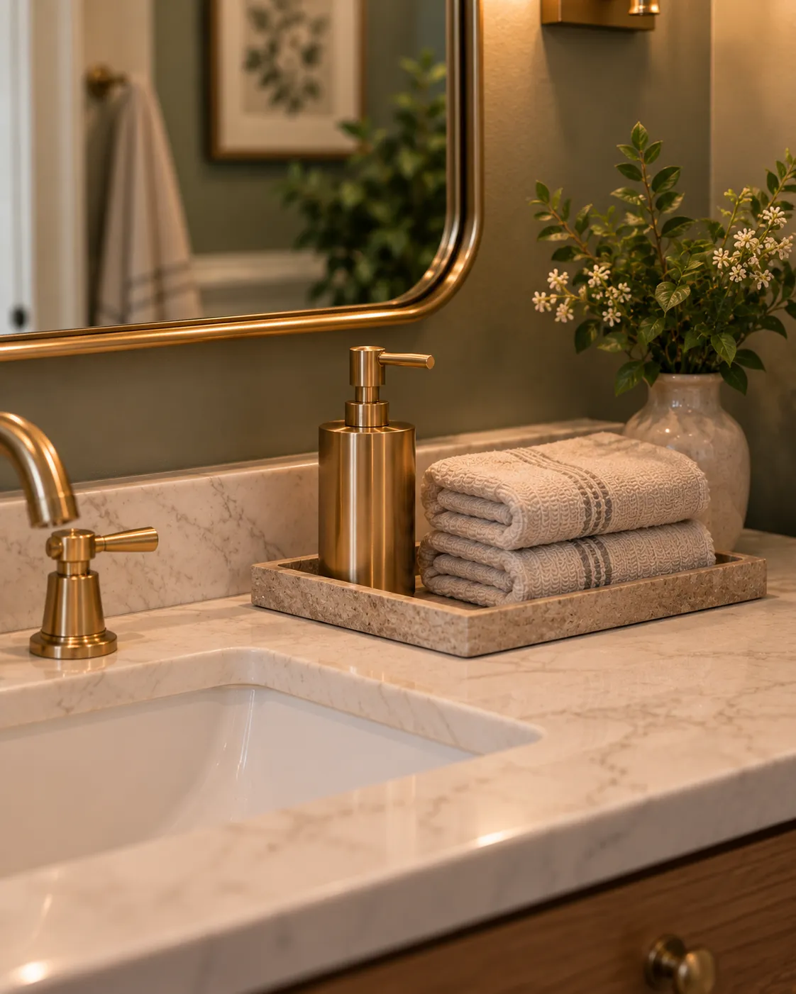 A vanity countertop styled with folded linen guest towels, a brass soap pump, and a small tray.
