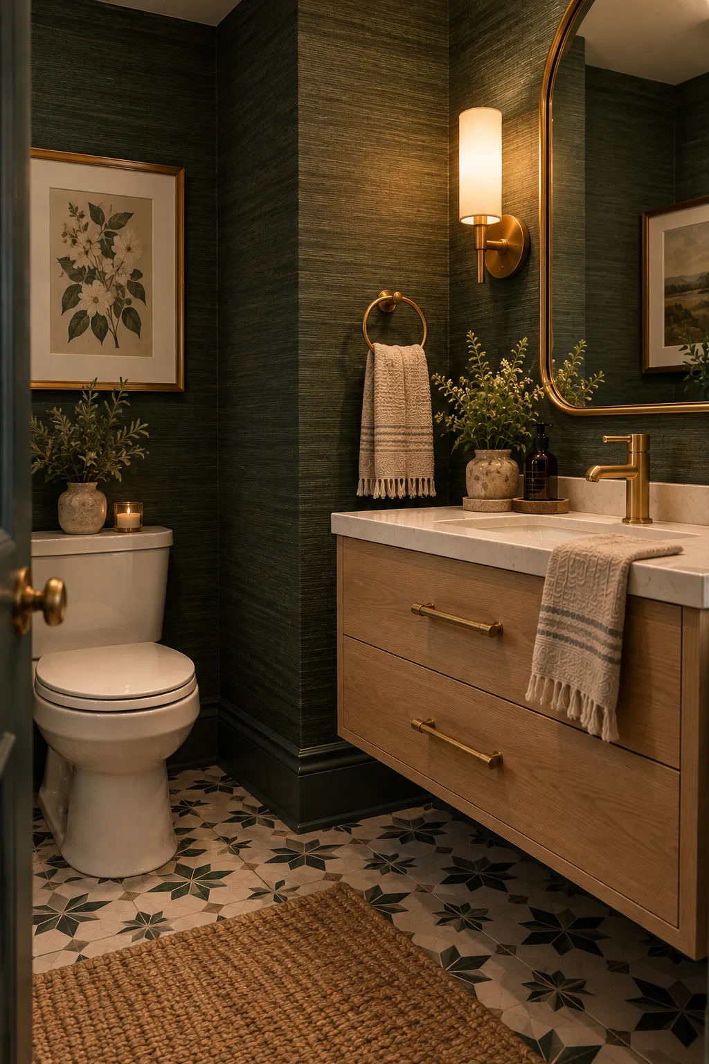 A dark powder room vignette with bottle-green grasscloth wallpaper and a light oak floating vanity.