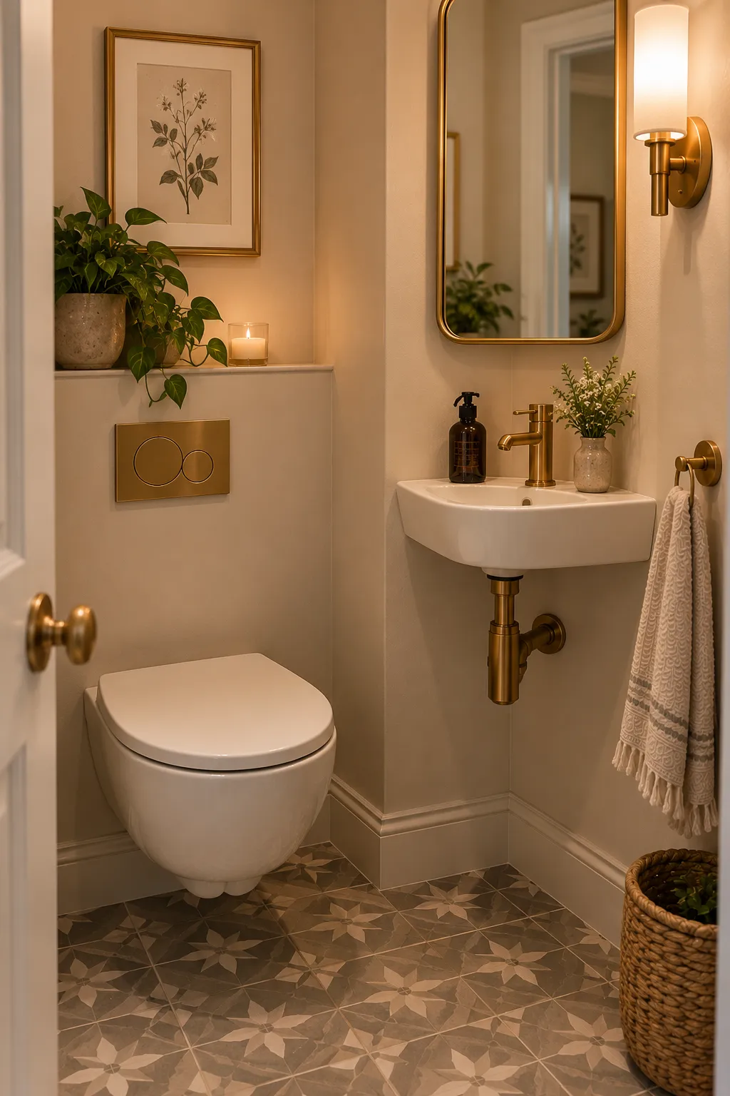A small-footprint powder room corner with a wall-mounted toilet and a corner sink against pale warm walls.