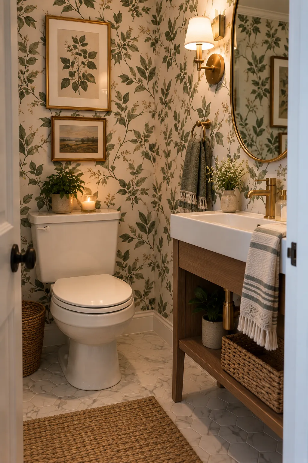 A light, casual apartment powder room with botanical peel-and-stick wallpaper and simple fixtures.