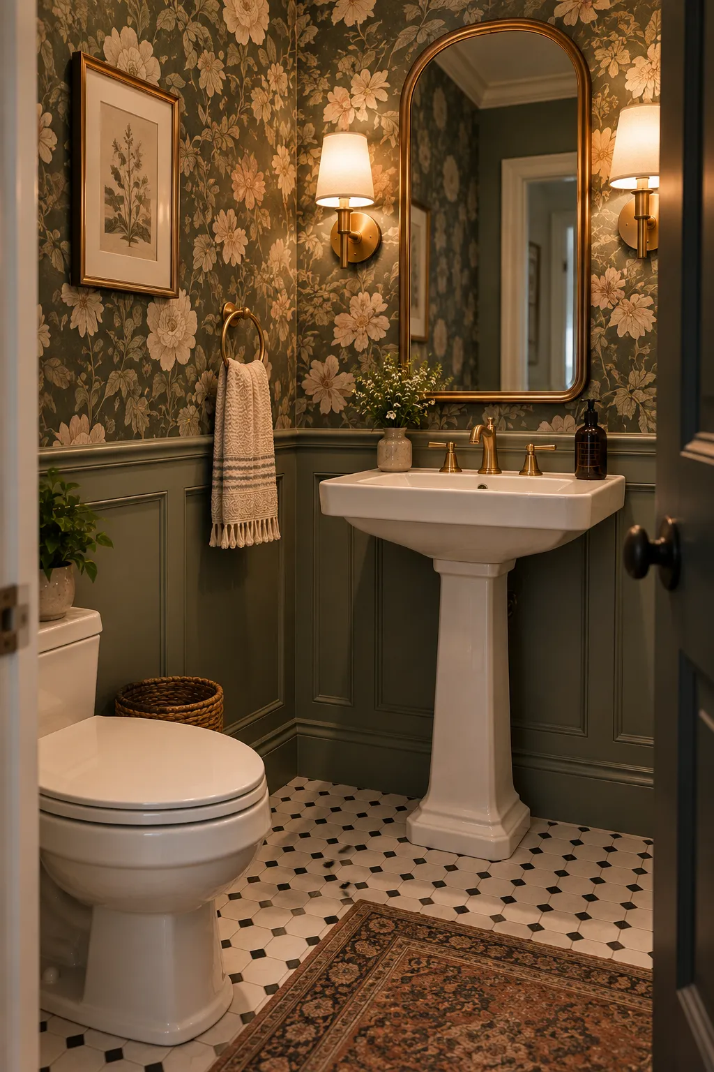A traditional powder room with wainscoting, a pedestal sink, and a bold vintage-style wallpaper pattern.