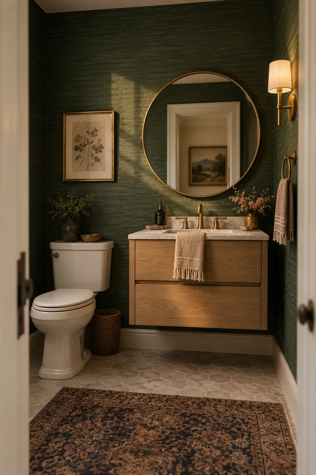 A small powder room with dark green grasscloth wallpaper, a light oak floating vanity, and a round brass-framed mirror.