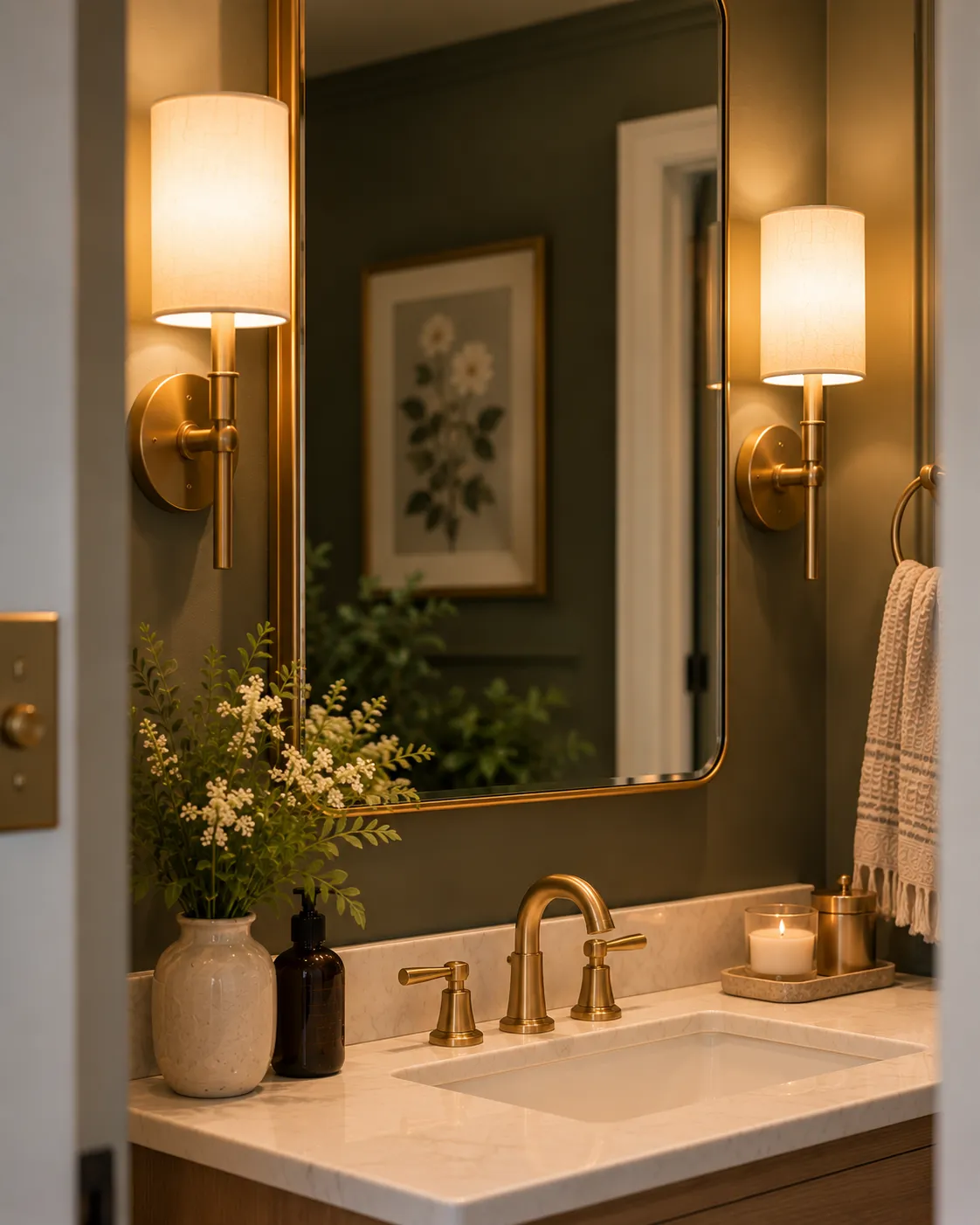 Two brass wall sconces mounted at face height on either side of a mirror, glowing with warm light.