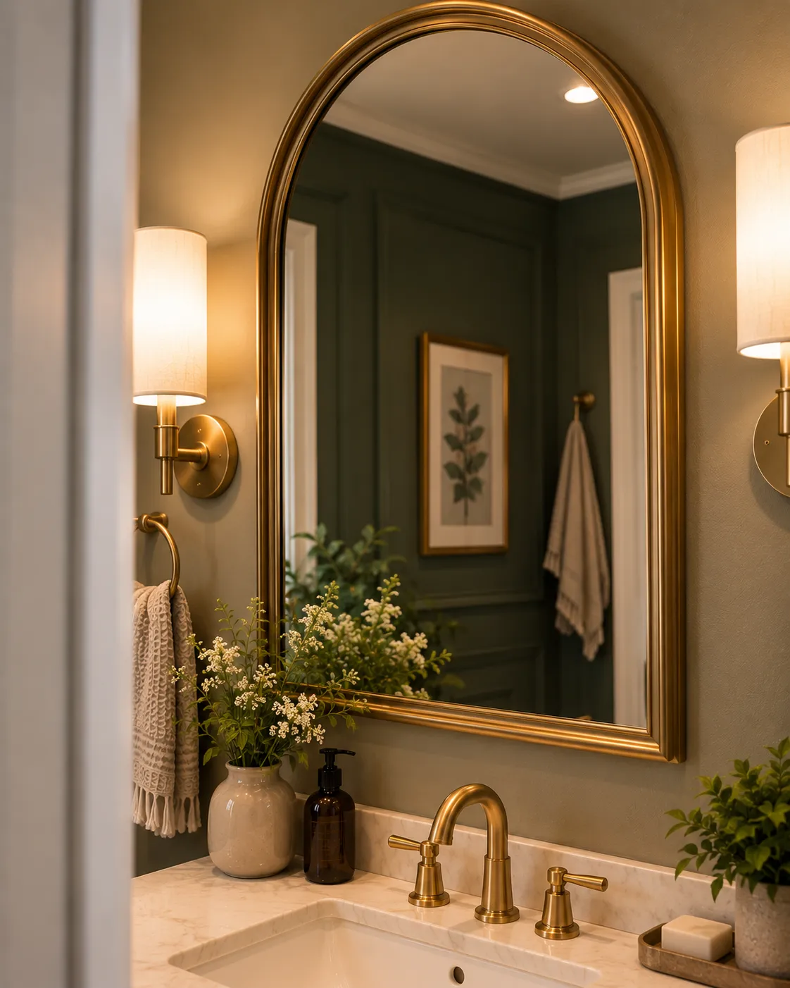 An arched brass-framed mirror mounted above a vanity, with a wall sconce visible at the edge of the frame.