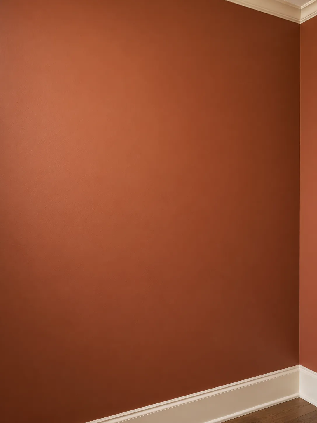 A close view of a powder room wall painted a warm terracotta color, with white baseboard and ceiling trim visible in the corner.