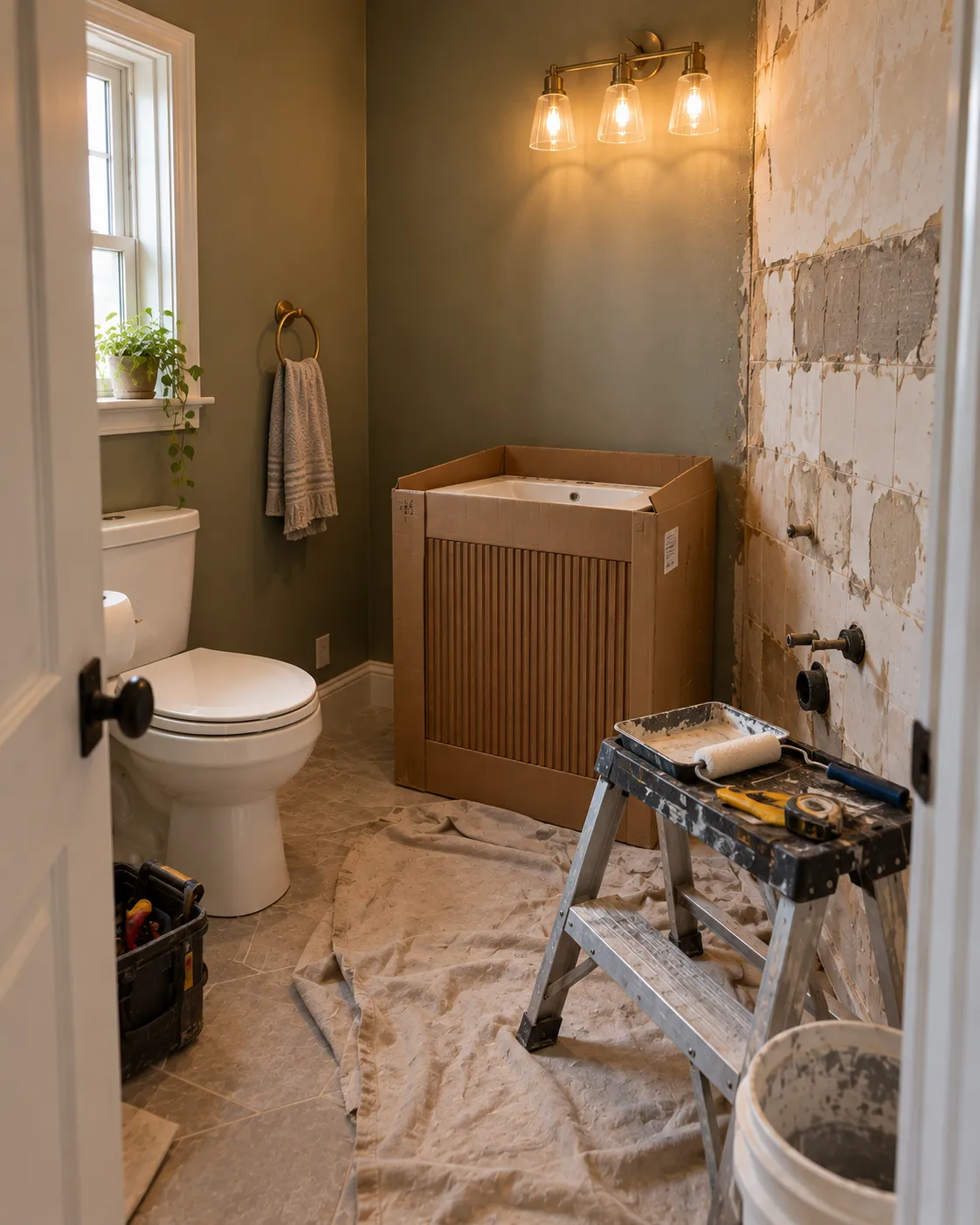 A powder room mid-renovation, with a wall stripped for new tile, a drop cloth, tools, and a boxed vanity waiting to be installed.