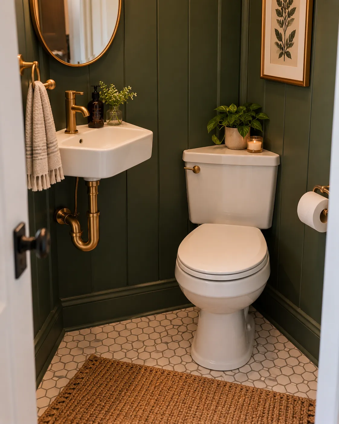 A wall-mounted corner sink with an exposed brass P-trap, next to a compact toilet with a corner tank.
