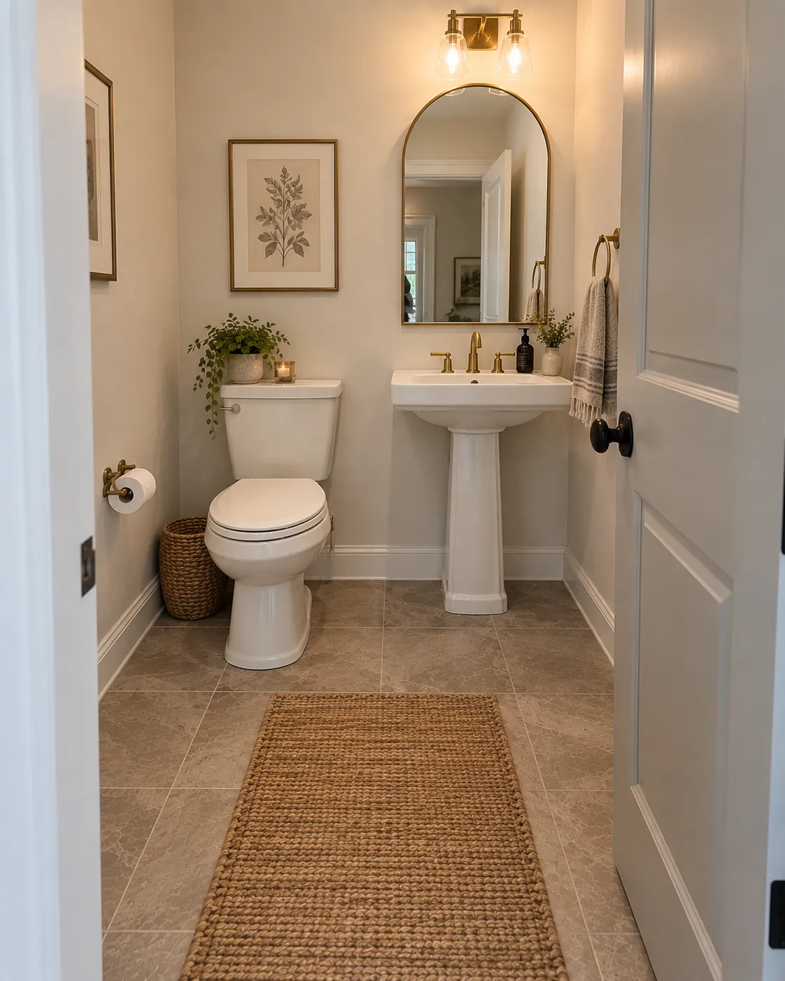 A wide, evenly lit view of a small powder room showing the toilet, sink, and door swing to illustrate the room's full footprint.