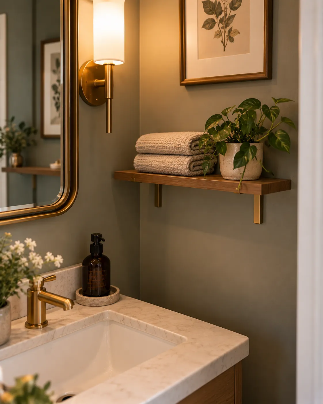 A slim floating shelf beside a powder room mirror, holding folded hand towels and a small plant.