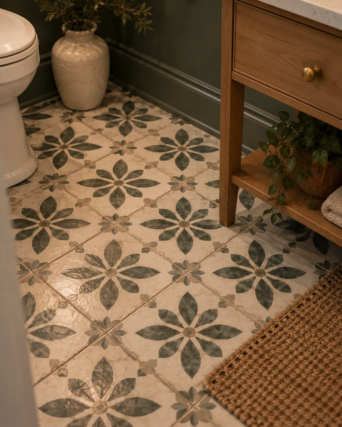 A patterned zellige-style tile floor with handmade glaze variation, seen beside the base of a vanity.