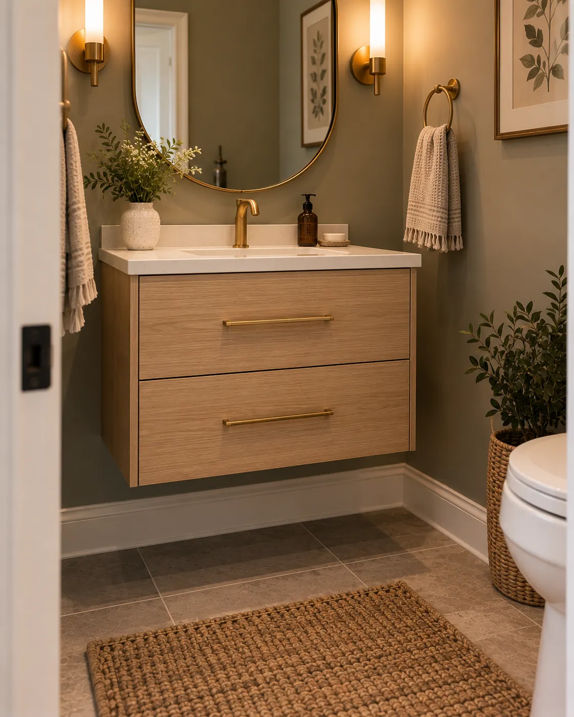 A light oak floating vanity with brass cabinet pulls and a white countertop, mounted above the floor.