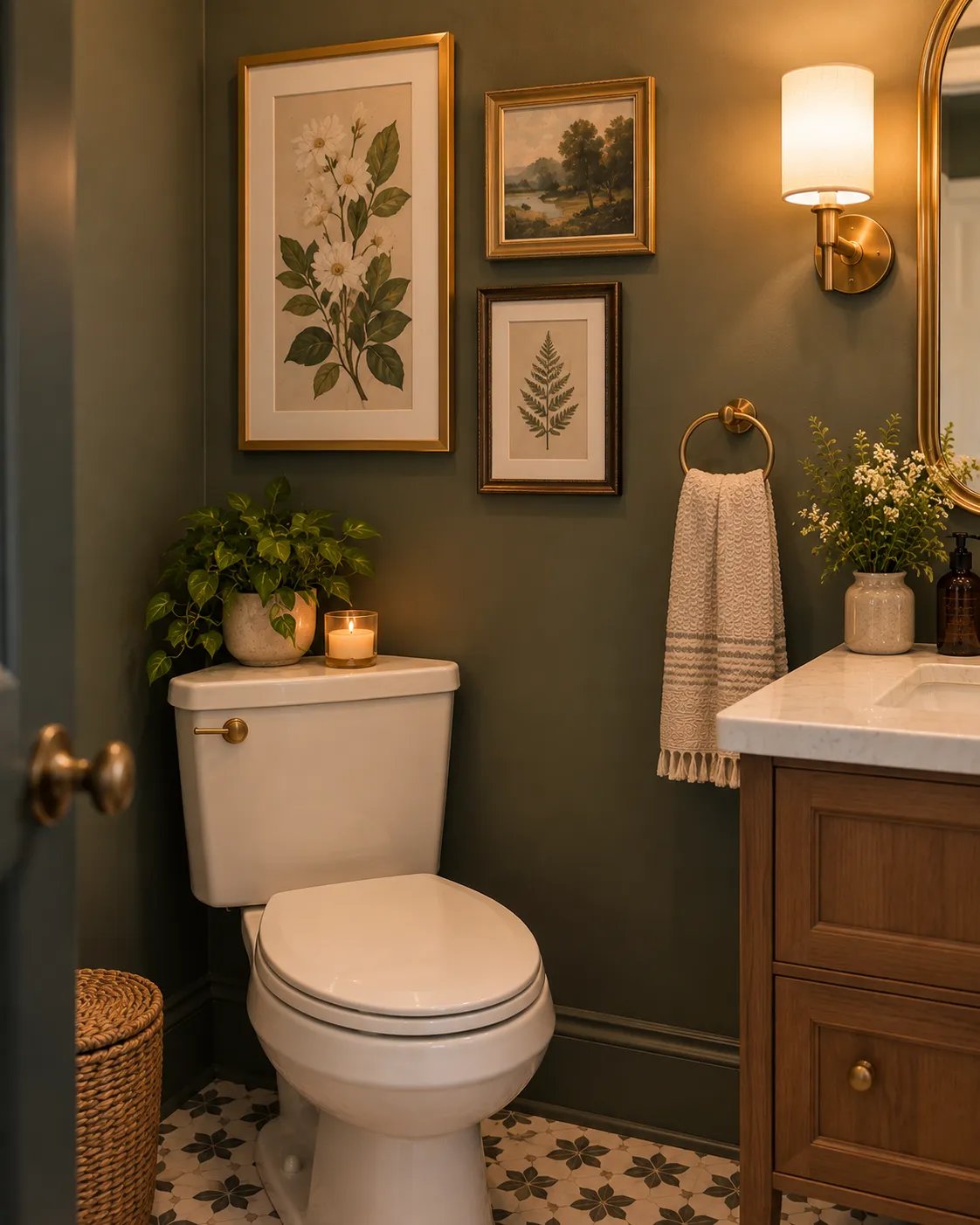 A small grouping of framed art prints with mixed brass frames, hung above a powder room toilet.
