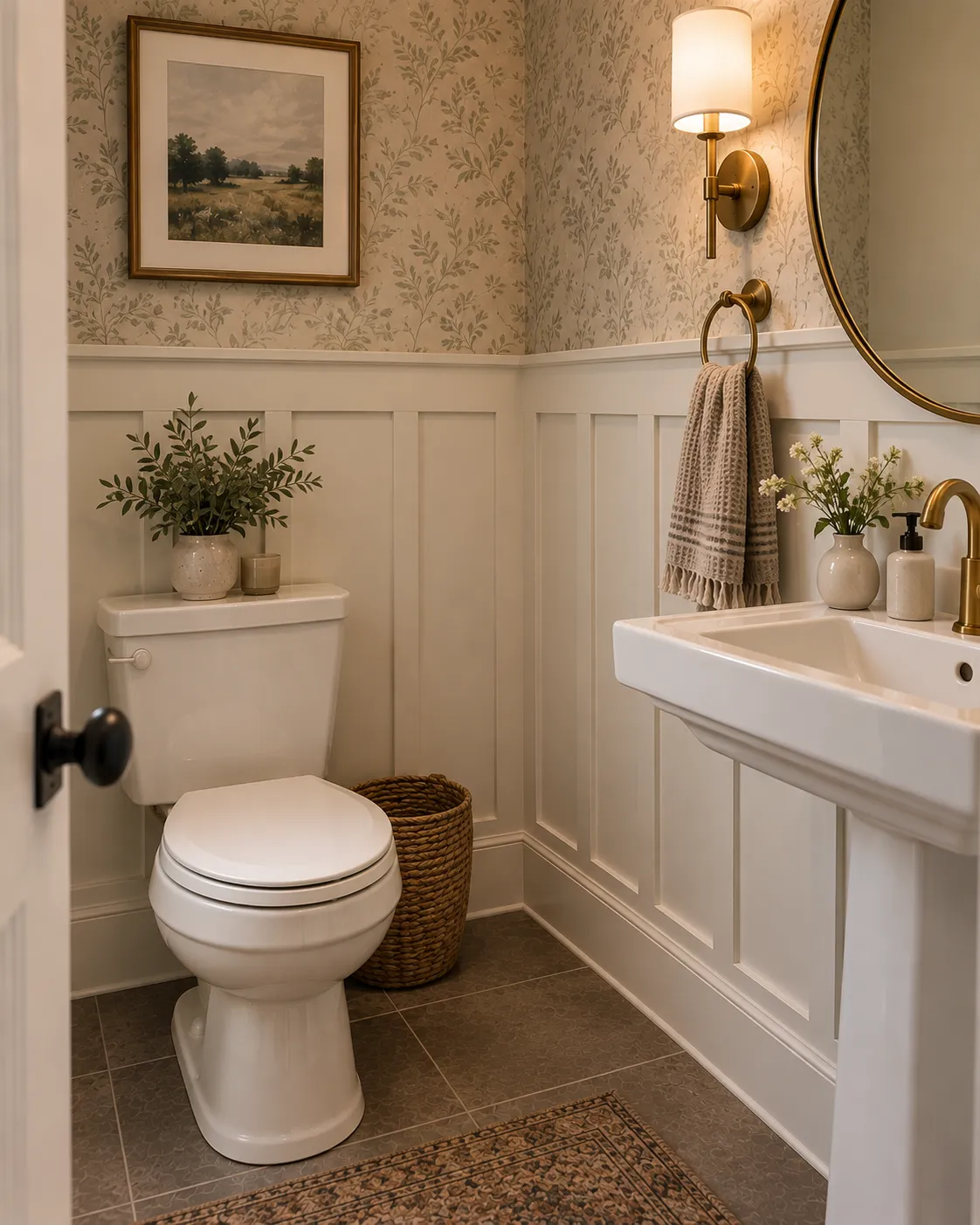 A powder room wall with board-and-batten paneling installed partway up, painted soft warm white beneath simple wallpaper.