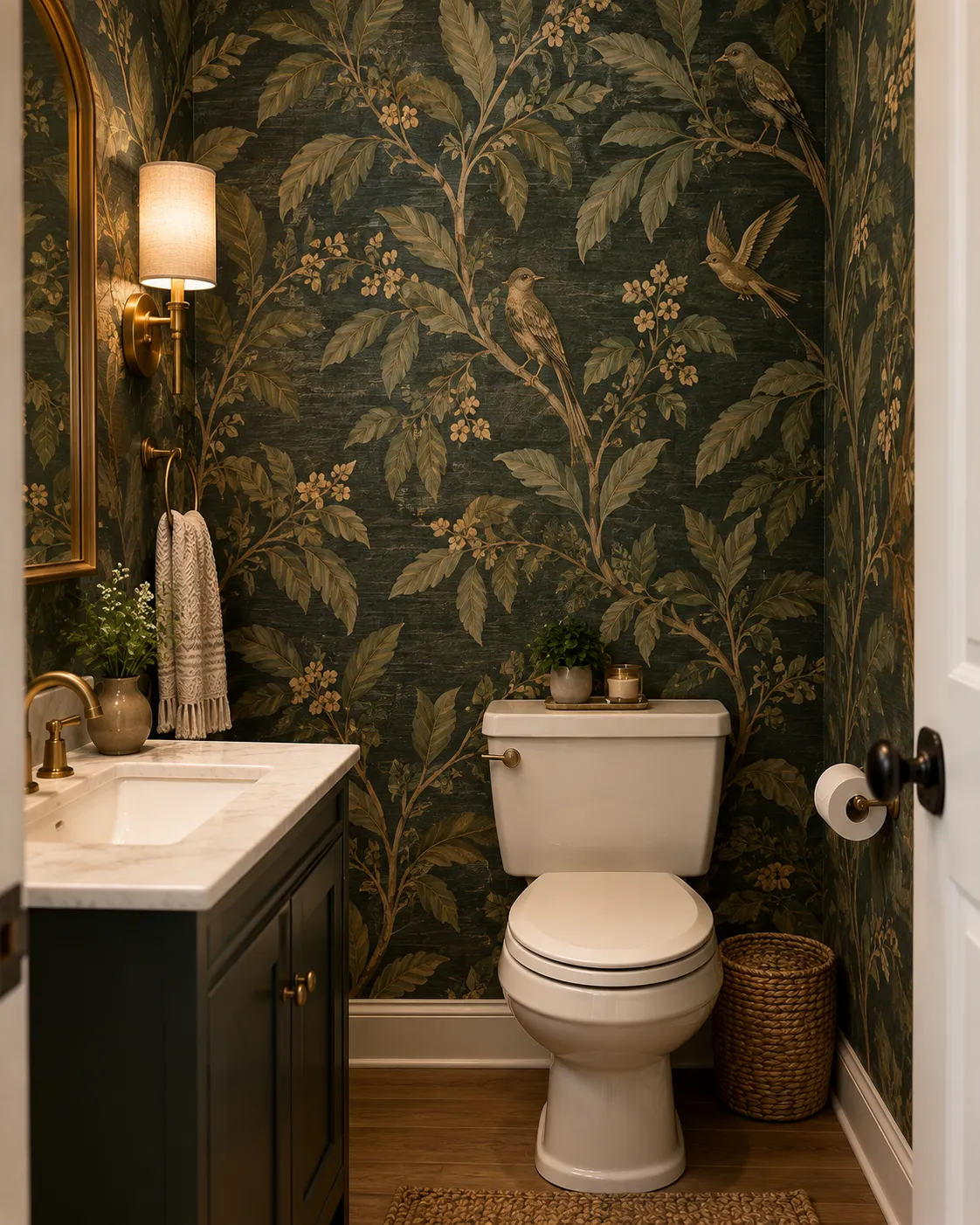 A wall fully covered in a dark botanical wallpaper pattern with large-scale leaves and birds in ink-green and gold tones.