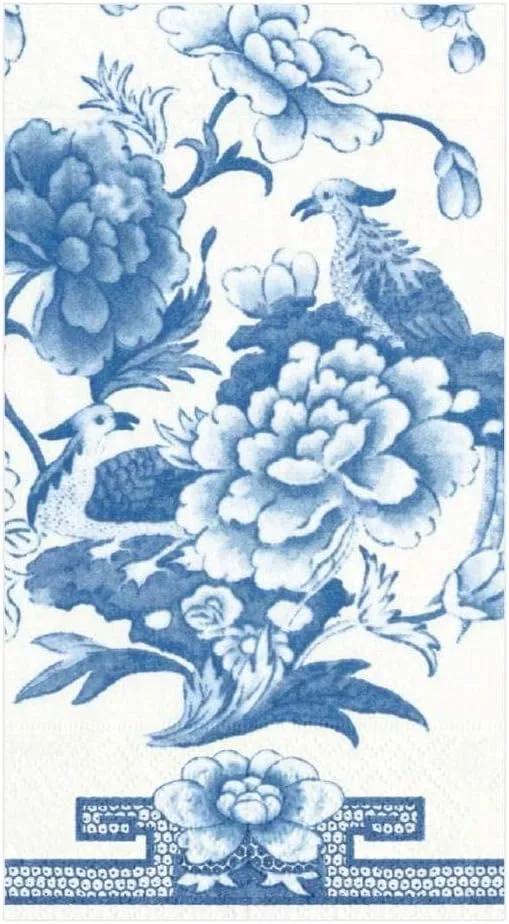 Caspari paper guest towels with a blue and white floral and bird pattern