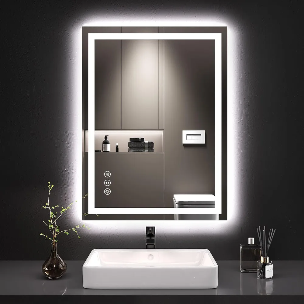 LOAAO rectangular LED-backlit bathroom mirror with touch controls, above a vessel sink