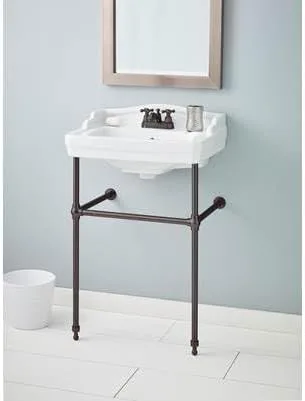 Cheviot Essex console sink, a white vitreous-china basin on an oil-rubbed-bronze metal leg base