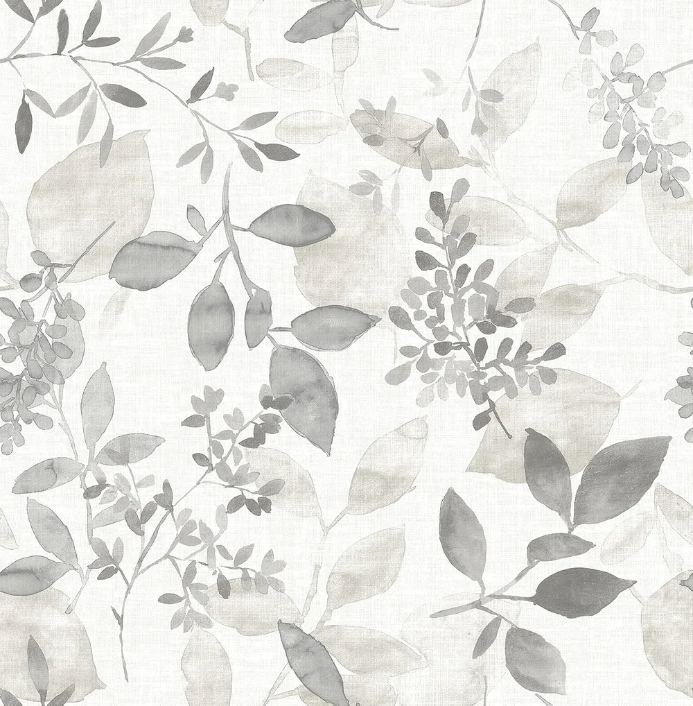 NuWallpaper by WallPops peel-and-stick wallpaper in a grey botanical leaf pattern