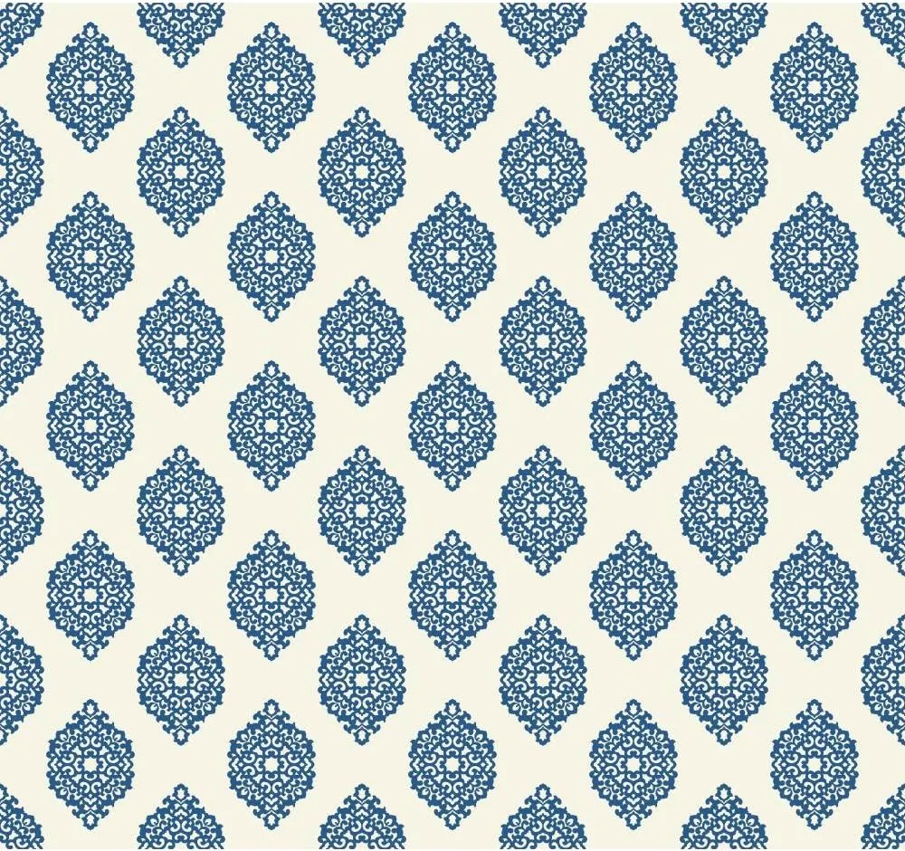 York Wallcoverings Small Prints wallpaper in a blue and white diamond damask pattern