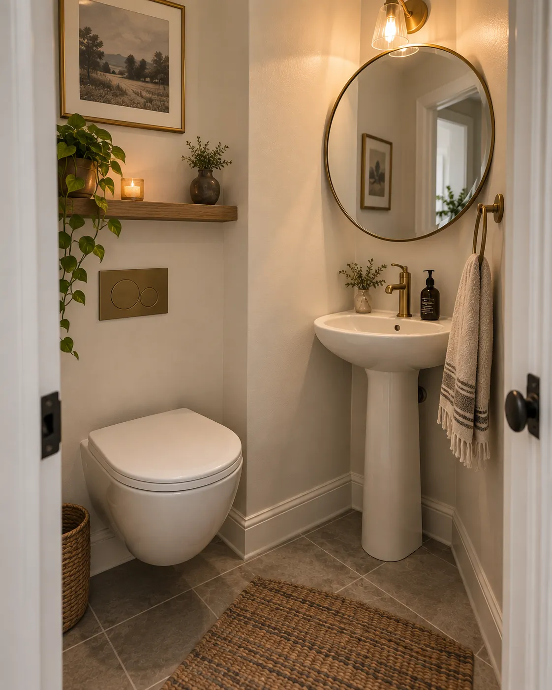 A tiny powder room with a corner-mounted pedestal sink and a wall-mounted toilet in a narrow footprint.