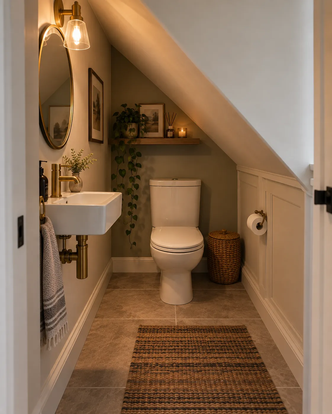 A powder room built under a staircase, with a sloped ceiling, a short-profile toilet, and a small wall-mounted sink.