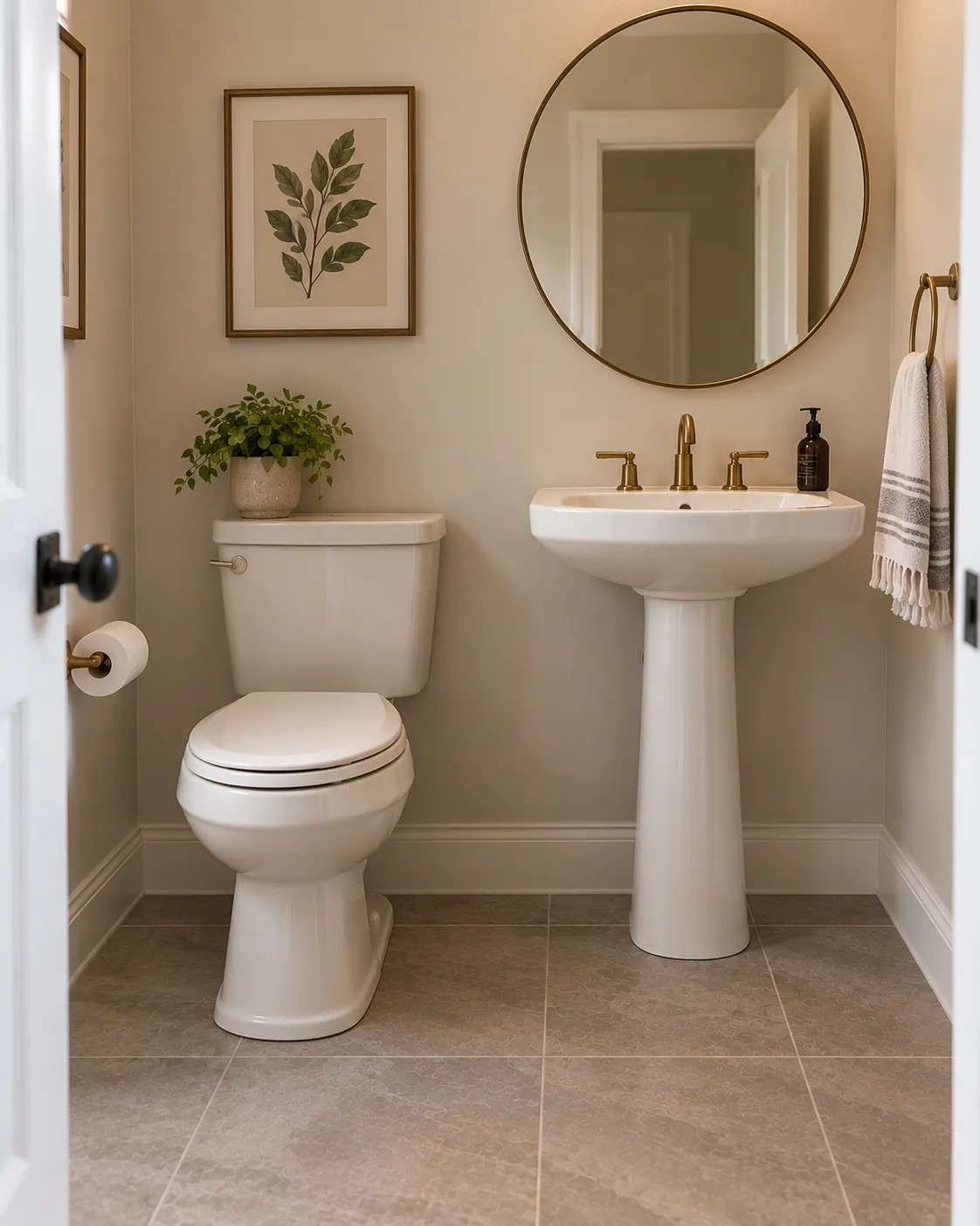A plain powder room showing just a toilet and a pedestal sink, with no shower or tub in the room.